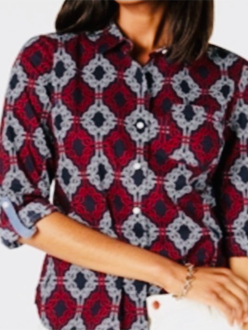 Women's Tommy Hilfiger Navy Red and White Patterned Long Sleeve Top